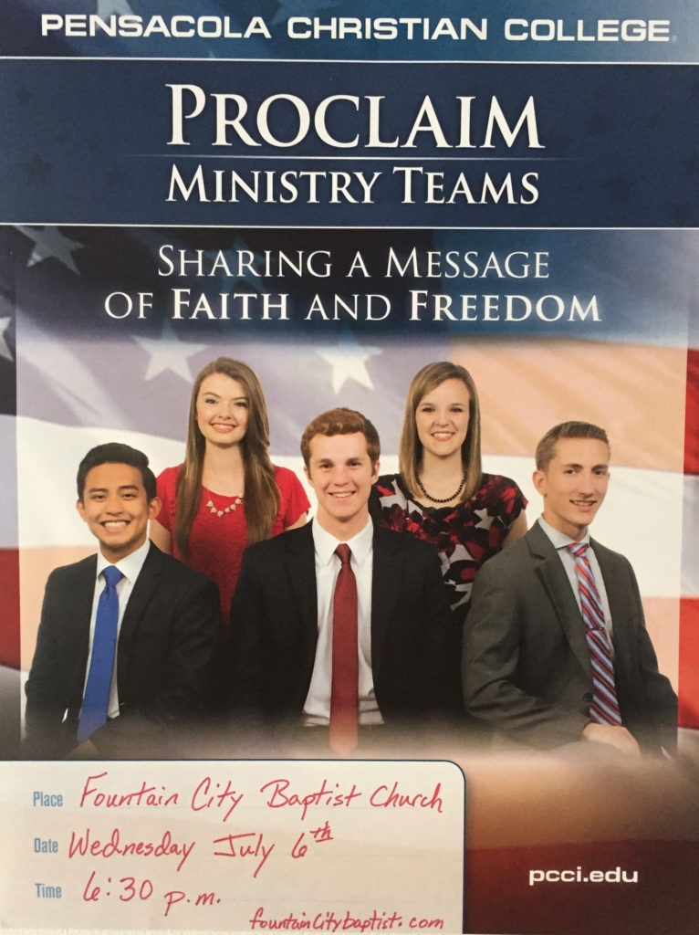 Fountain City Baptist Church would like to welcome the Proclaim Ministry Team from Pensacola Christian College on Wednesday July 6th, 2016 for a special service.