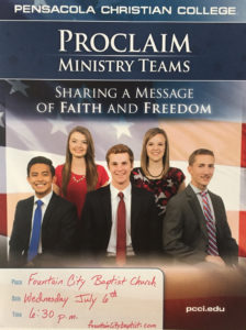 Fountain City Baptist Church would like to welcome the Proclaim Ministry Team this Wednesday July 6th, 2016.